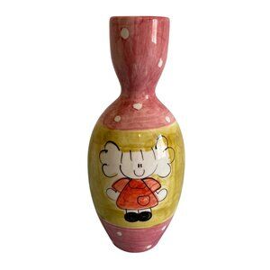 Hand Painted Whimsical Naive Cartoon Girl Design Signed Ceramic Vase